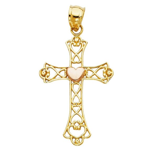 14K 2 tone Gold HEART CROSS PENDANT